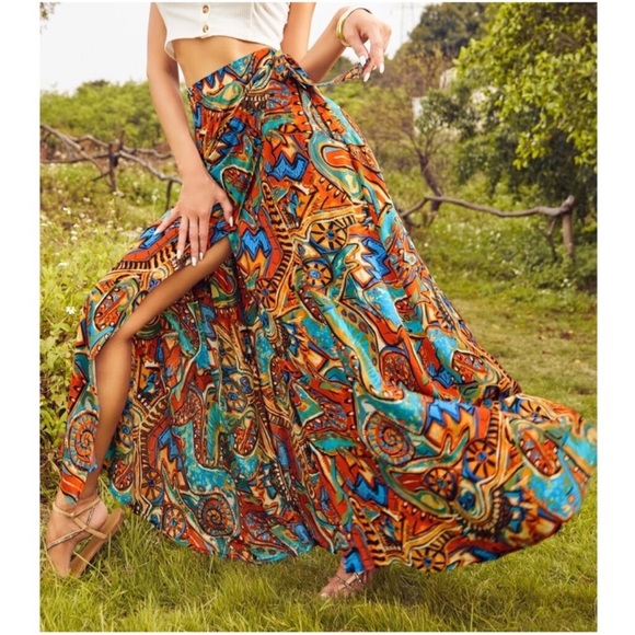 Boho Gypsy Festival Print Tie Maxi Skirt S M L XL - Picture 5 of 5
